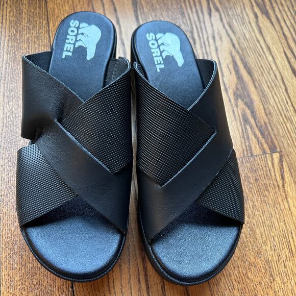 Sorel Black Cameron Flatform Mule Sandal Slip On Crisscross Flip flop 7 NEW - Picture 9 of 13